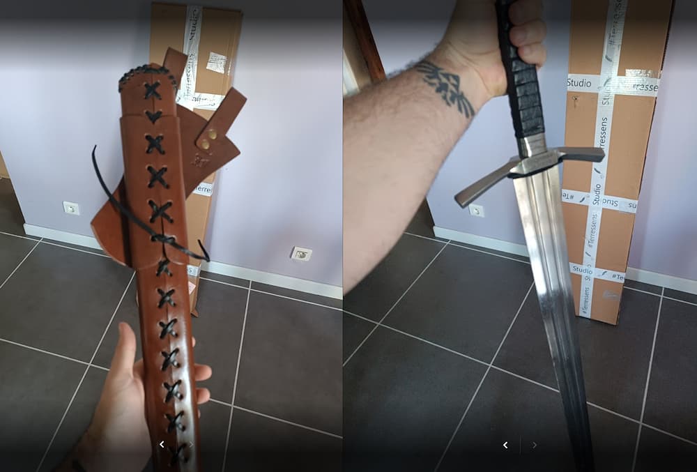 Espada "Fidelis", espada medieval para golpear a dos manos, vaina de cuero con cordones #Terressens con grabado personalizado | Foto cliente : Jonathan Chérel. Todos los derechos reservados.