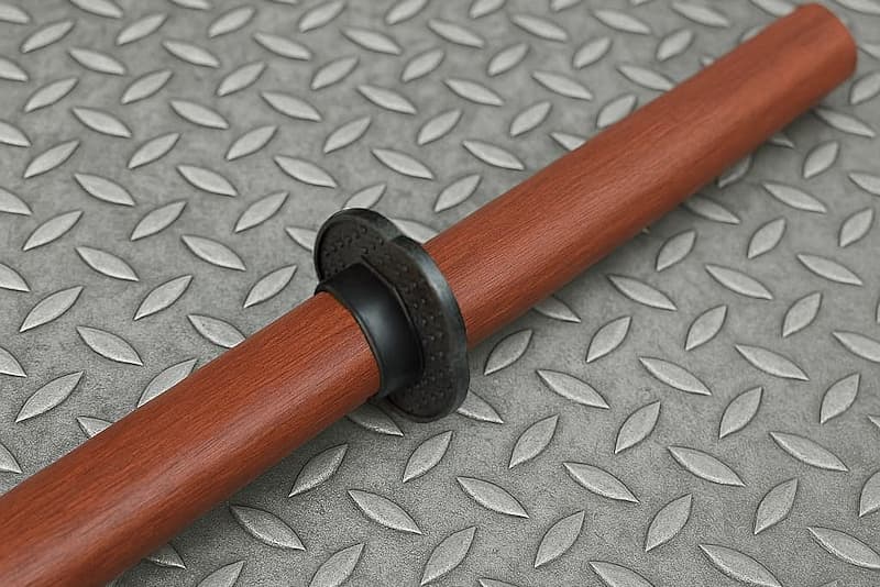 Bokken (木剣 katana de entrenamiento de madera, bokutō (木刀) en Japón), con tsuba sujeta por una anilla elástica.