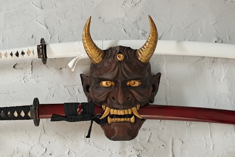 Soporte de pared para dos espadas japonesas (dos katanas o una katana y una wakizashi) impreso en 3D y pintado a mano | En la cultura japonesa, los Oni (鬼, demonio, ogro, espíritu temible, entidad sobrenatural) son espíritus temibles nacidos de los excesos humanos, la ira, el orgullo, la violencia, pero también guardianes ambiguos del orden del mundo...