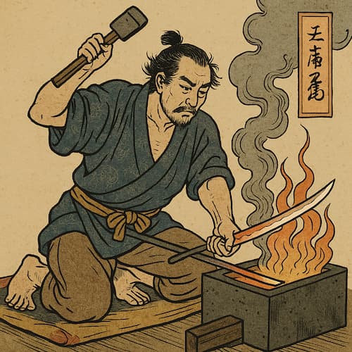 Grabado japonés que muestra a Masamune trabajando en su fragua #Terressens