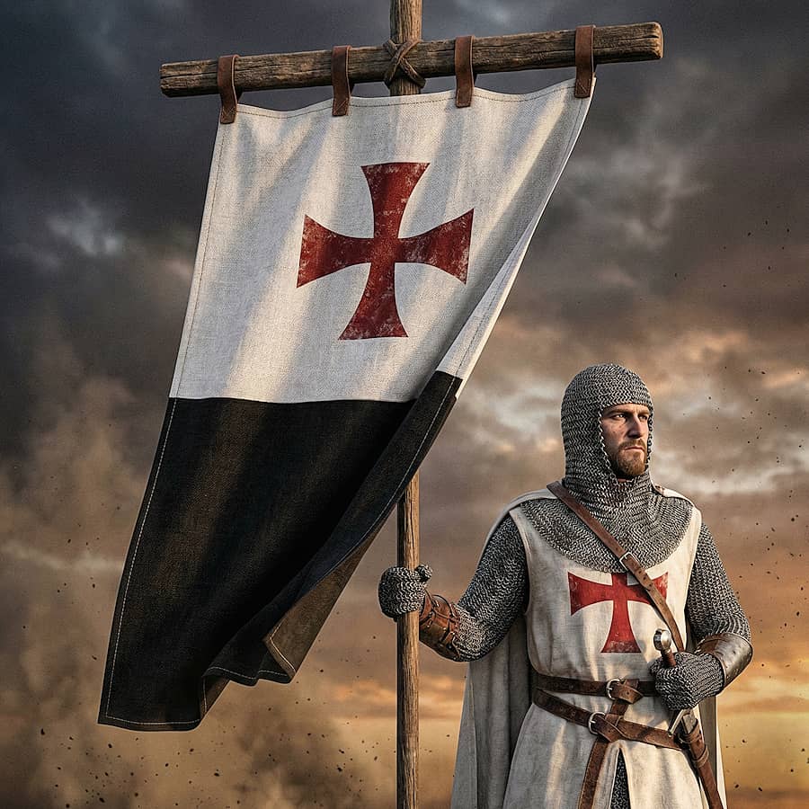 El Baussant, el estandarte blanco y negro que guiaba a los templarios en combate. Las ilustraciones de esta sección se han creado mediante inteligencia artificial, bajo la dirección de nuestro equipo editorial. Esta tecnología nos permite dar vida a escenas históricas o legendarias, respetando nuestra pasión por la autenticidad y la imaginación. #Terressens, donde las historias cobran vida.