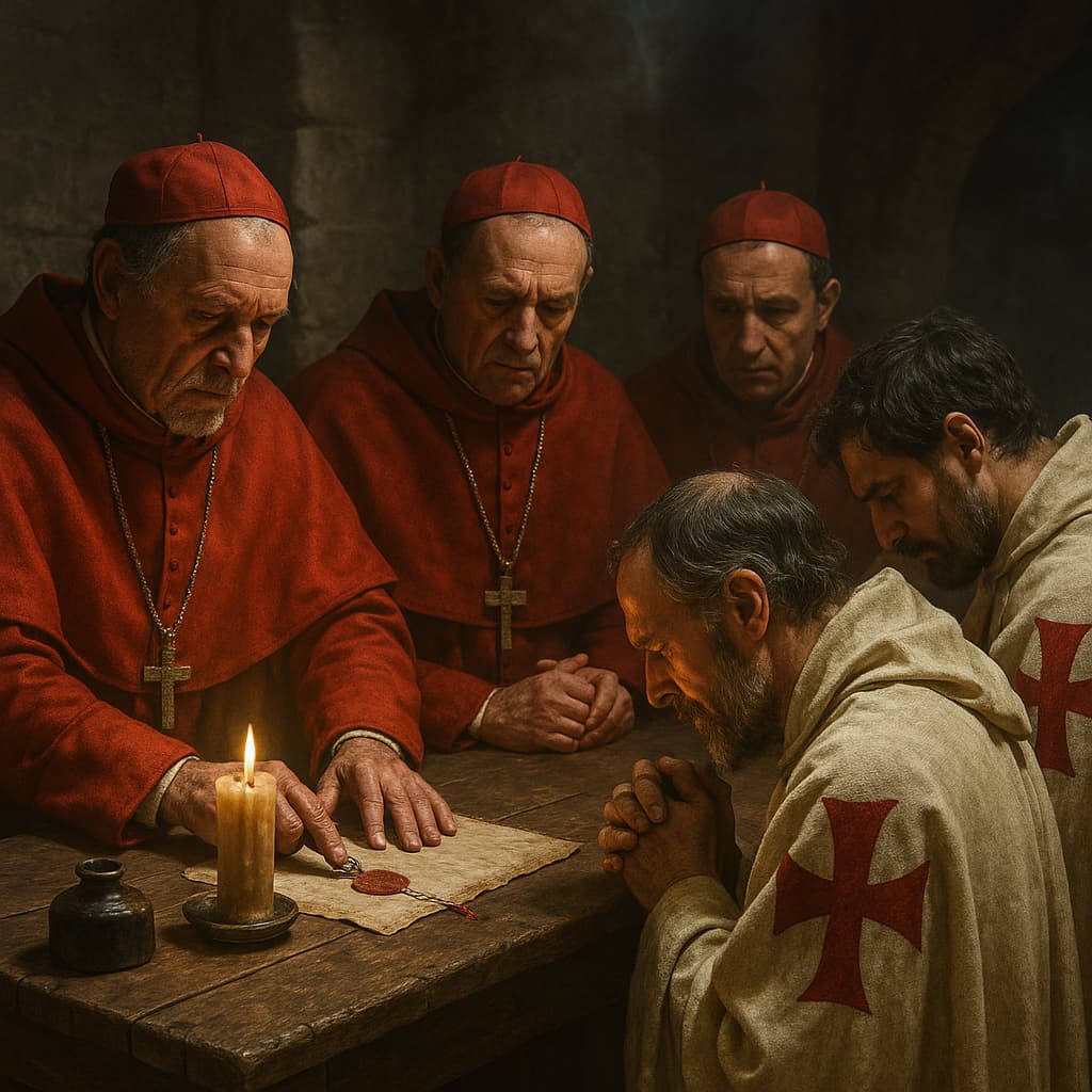 Chinon 1308, la absolución olvidada de los Templarios. Las ilustraciones de esta sección han sido creadas mediante inteligencia artificial, bajo la dirección de nuestro equipo editorial. Esta tecnología nos permite dar vida a escenas históricas o legendarias, respetando nuestra pasión por la autenticidad y la imaginación. #Terressens, donde las historias toman forma