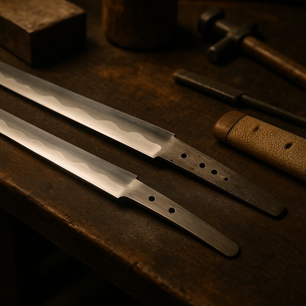 Tachi medieval abreviado en katana. Las ilustraciones de esta sección están creadas mediante inteligencia artificial, bajo la dirección de nuestro equipo editorial. Esta tecnología nos permite dar vida a escenas históricas o legendarias, respetando nuestra pasión por la autenticidad y la imaginación. #Terressens, donde las historias toman forma