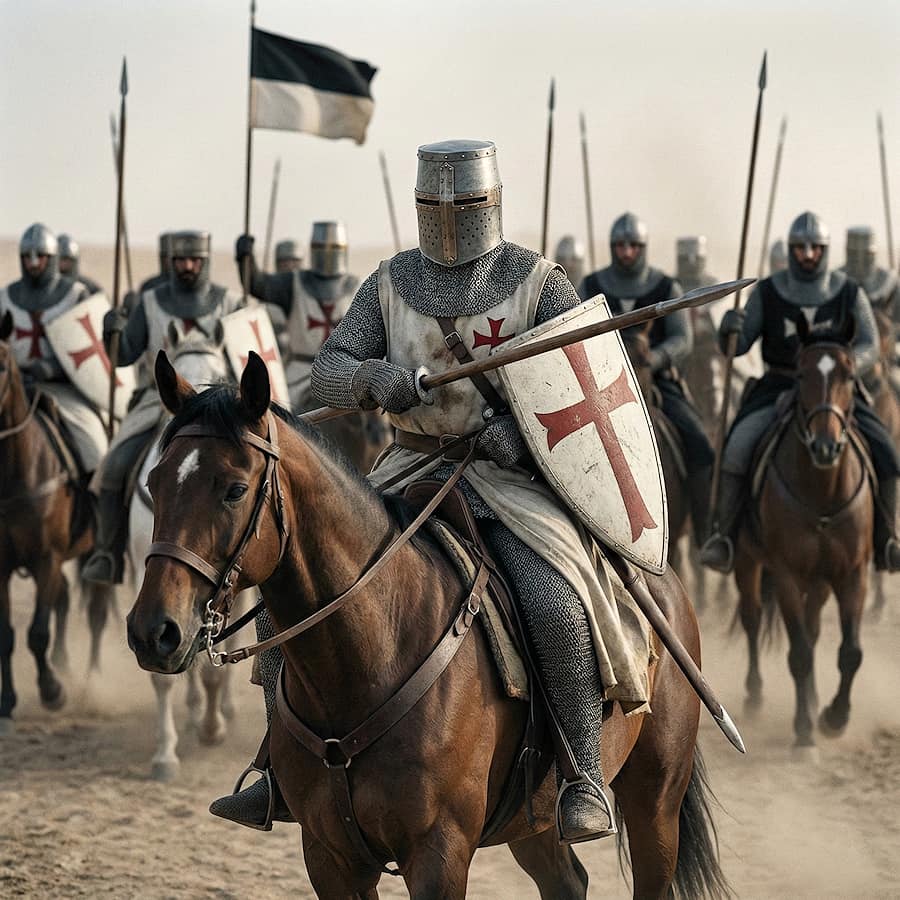 Del «kite» al «heater»: el escudo templario cambia de forma en el siglo XIII. Las ilustraciones de esta sección se han creado mediante inteligencia artificial, bajo la dirección de nuestro equipo editorial. Esta tecnología nos permite dar vida a escenas históricas o legendarias, respetando nuestra pasión por la autenticidad y la imaginación. #Terressens, donde las historias cobran forma.