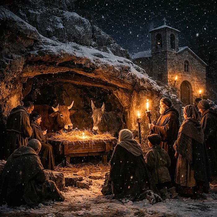 Greccio, 1223, la noche del primer belén. Las ilustraciones de esta sección se han creado mediante inteligencia artificial, bajo la dirección de nuestro equipo editorial. Esta tecnología nos permite dar vida a escenas históricas o legendarias, respetando nuestra pasión por la autenticidad y la imaginación. #Terressens, donde las historias cobran forma.