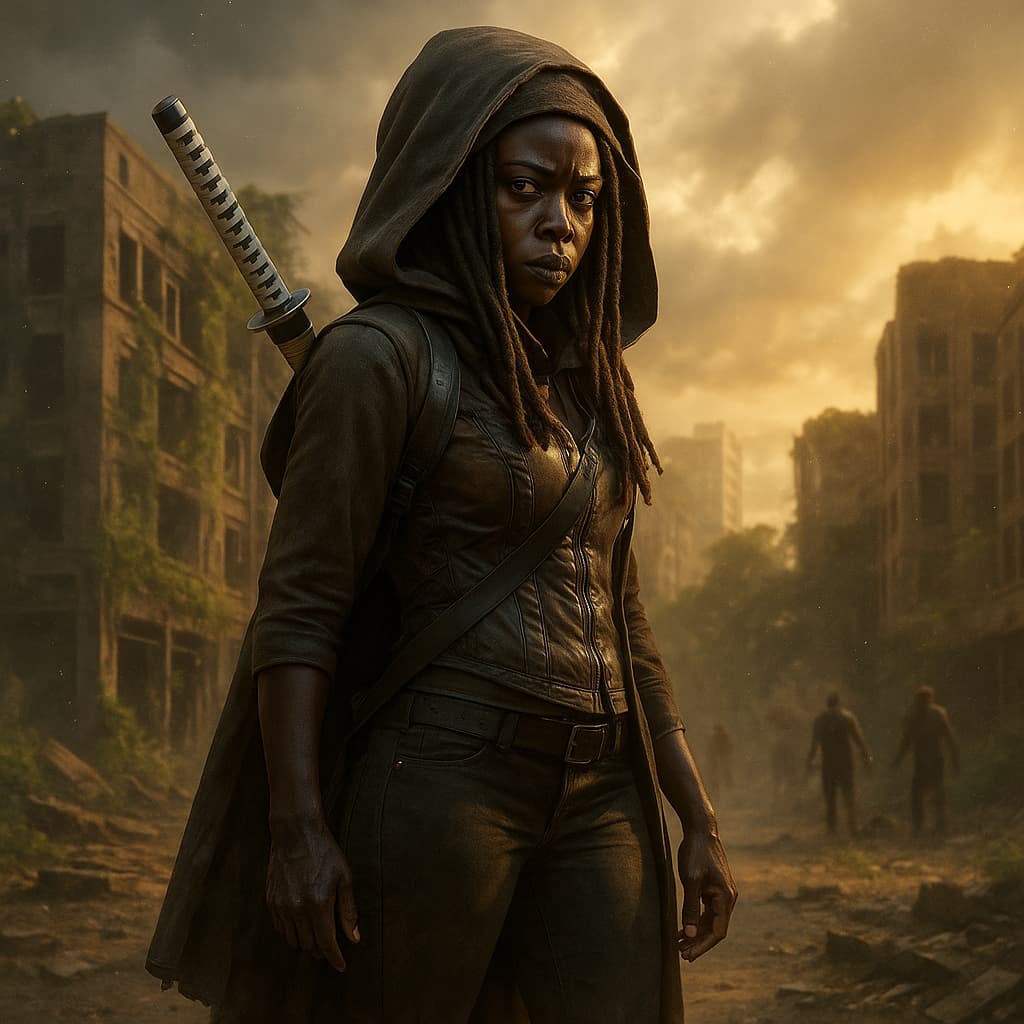 La Katana de Michonne, un icono de la supervivencia... y del cine. Las ilustraciones de esta sección están creadas mediante inteligencia artificial, bajo la dirección de nuestro equipo editorial. Esta tecnología nos permite dar vida a escenas históricas o legendarias, respetando nuestra pasión por la autenticidad y la imaginación. #Terressens, donde las historias toman forma