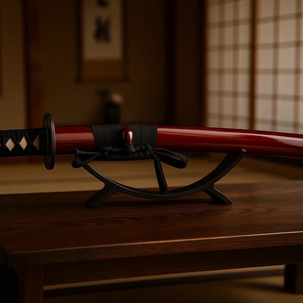 Katana sobre soporte: alambre arriba, paz a la izquierda. Las ilustraciones de esta sección están creadas mediante inteligencia artificial, bajo la dirección de nuestro equipo editorial. Esta tecnología nos permite dar vida a escenas históricas o legendarias, en consonancia con nuestra pasión por la autenticidad y la imaginación. #Terressens, donde las historias toman forma