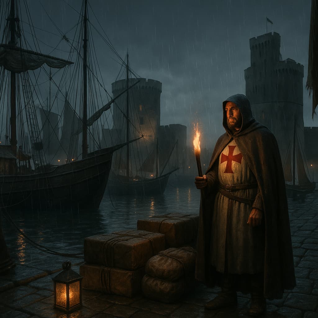 La flota templaria de La Rochelle, un mito tenaz. Las ilustraciones de esta sección han sido creadas mediante inteligencia artificial, bajo la dirección de nuestro equipo editorial. Esta tecnología nos permite dar vida a escenas históricas o legendarias, respetando nuestra pasión por la autenticidad y la imaginación. #Terressens, donde las historias toman forma