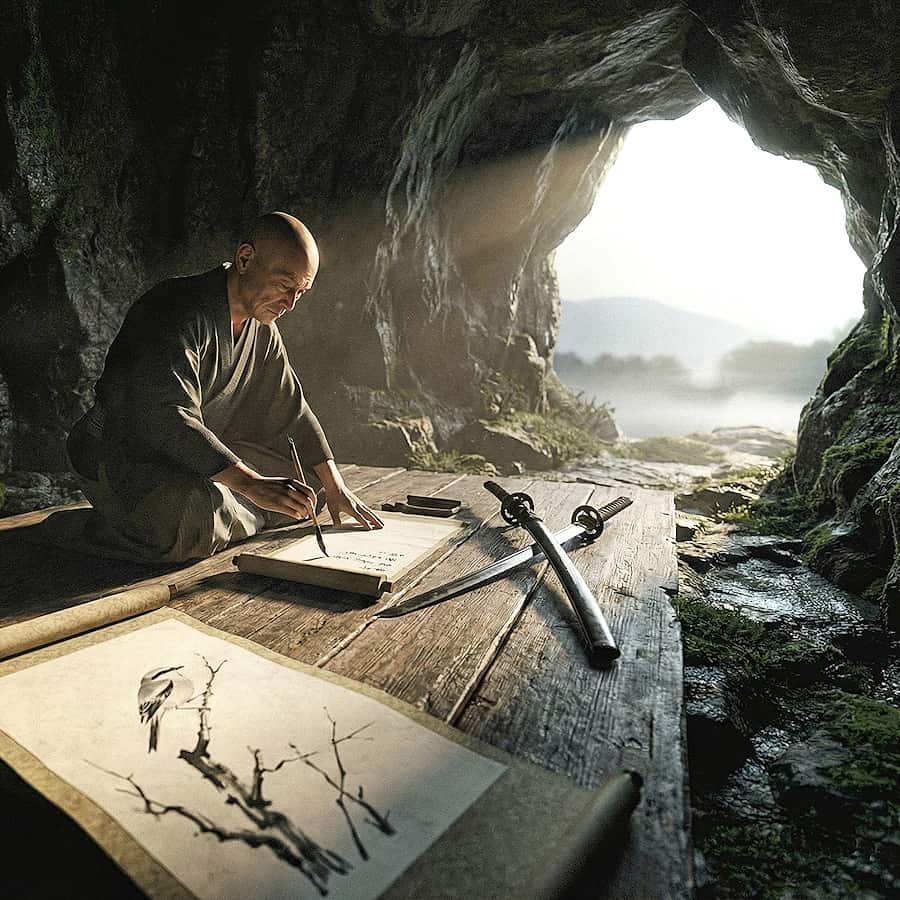 El alcaudón de Musashi, un tratado de estrategia escrito con tinta. Las ilustraciones de esta sección se han creado mediante inteligencia artificial, bajo la dirección de nuestro equipo editorial. Esta tecnología nos permite dar vida a escenas históricas o legendarias, respetando nuestra pasión por la autenticidad y la imaginación. #Terressens, donde las historias cobran forma.