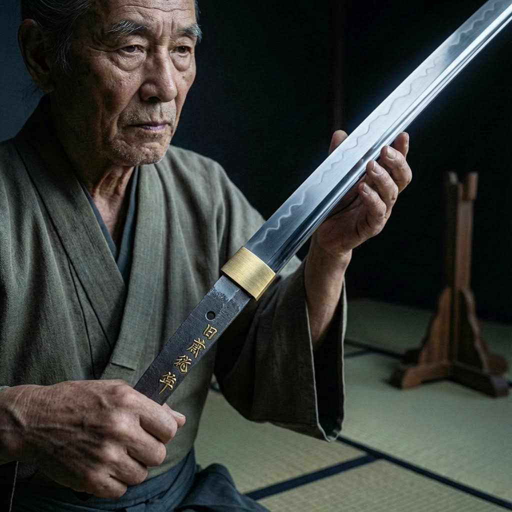 La katana con las inscripciones de los cuerpos cortados. Las ilustraciones de esta sección se han creado mediante inteligencia artificial, bajo la dirección de nuestro equipo editorial. Esta tecnología nos permite dar vida a escenas históricas o legendarias, respetando nuestra pasión por la autenticidad y la imaginación. #Terressens, donde las historias cobran forma.