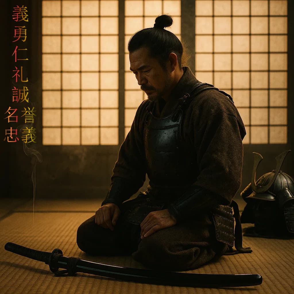 Las 7 virtudes del *bushidō*, la brújula del samurái. Las ilustraciones de esta sección están creadas mediante inteligencia artificial, bajo la dirección de nuestro equipo editorial. Esta tecnología nos permite dar vida a escenas históricas o legendarias, respetando nuestra pasión por la autenticidad y la imaginación. #Terressens, donde las historias toman forma