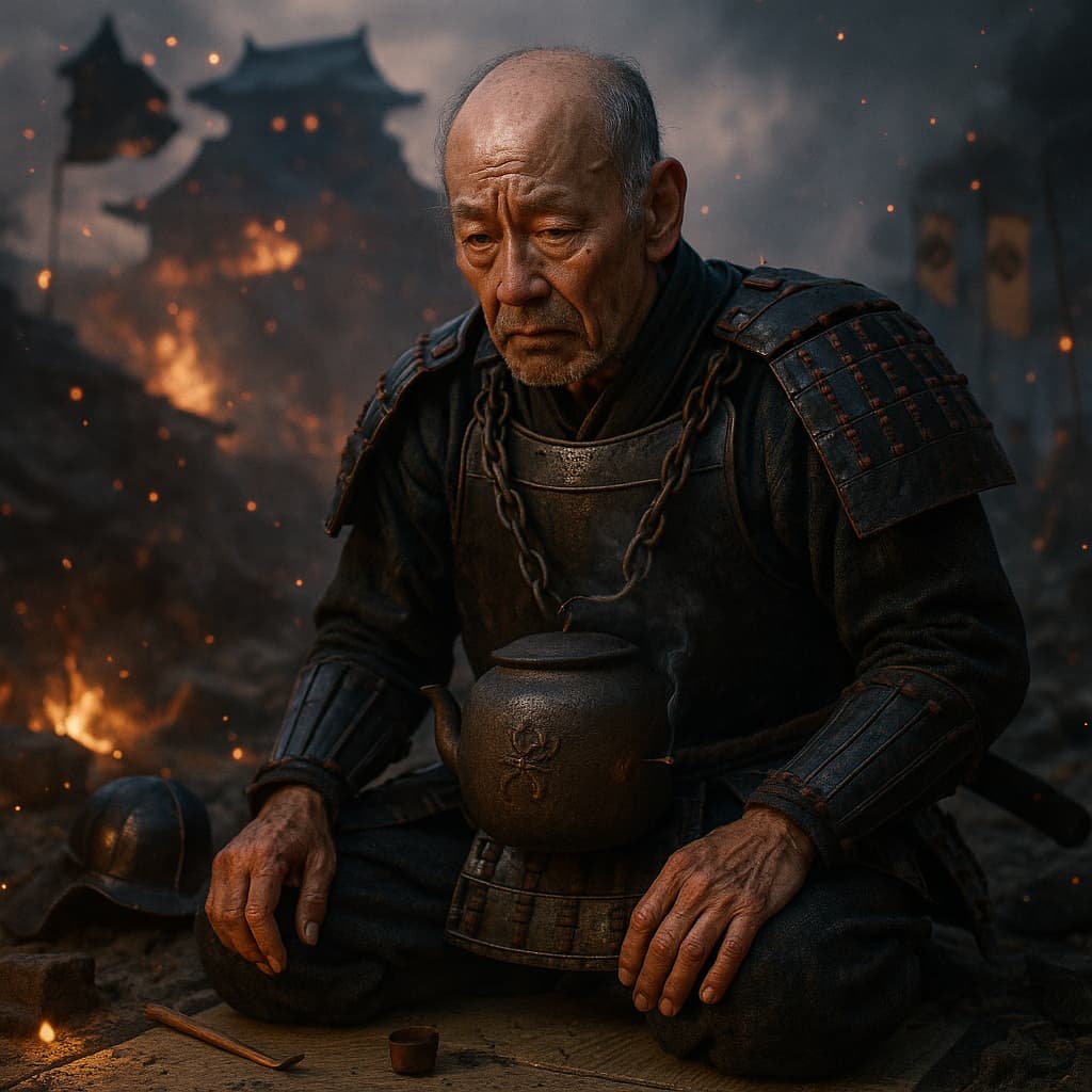 Matsunaga Hisahide, la tetera Hiragumo y la traición. Las ilustraciones de esta sección se han creado mediante inteligencia artificial, bajo la dirección de nuestro equipo editorial. Esta tecnología nos permite dar vida a escenas históricas o legendarias, respetando nuestra pasión por la autenticidad y la imaginación. #Terressens, donde las historias toman forma