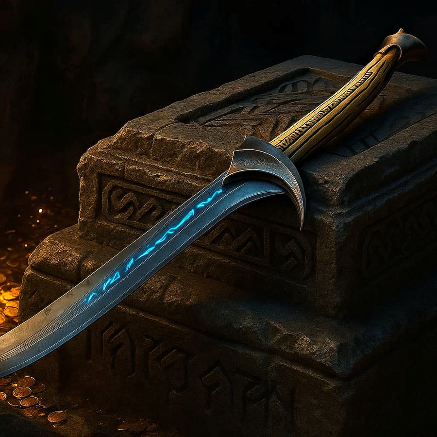 Orcrist, guardián de la tumba de Thorin. Las ilustraciones de esta sección están creadas mediante inteligencia artificial, bajo la dirección de nuestro equipo editorial. Esta tecnología nos permite dar vida a escenas históricas o legendarias, respetando nuestra pasión por la autenticidad y la imaginación. #Terressens, donde las historias toman forma