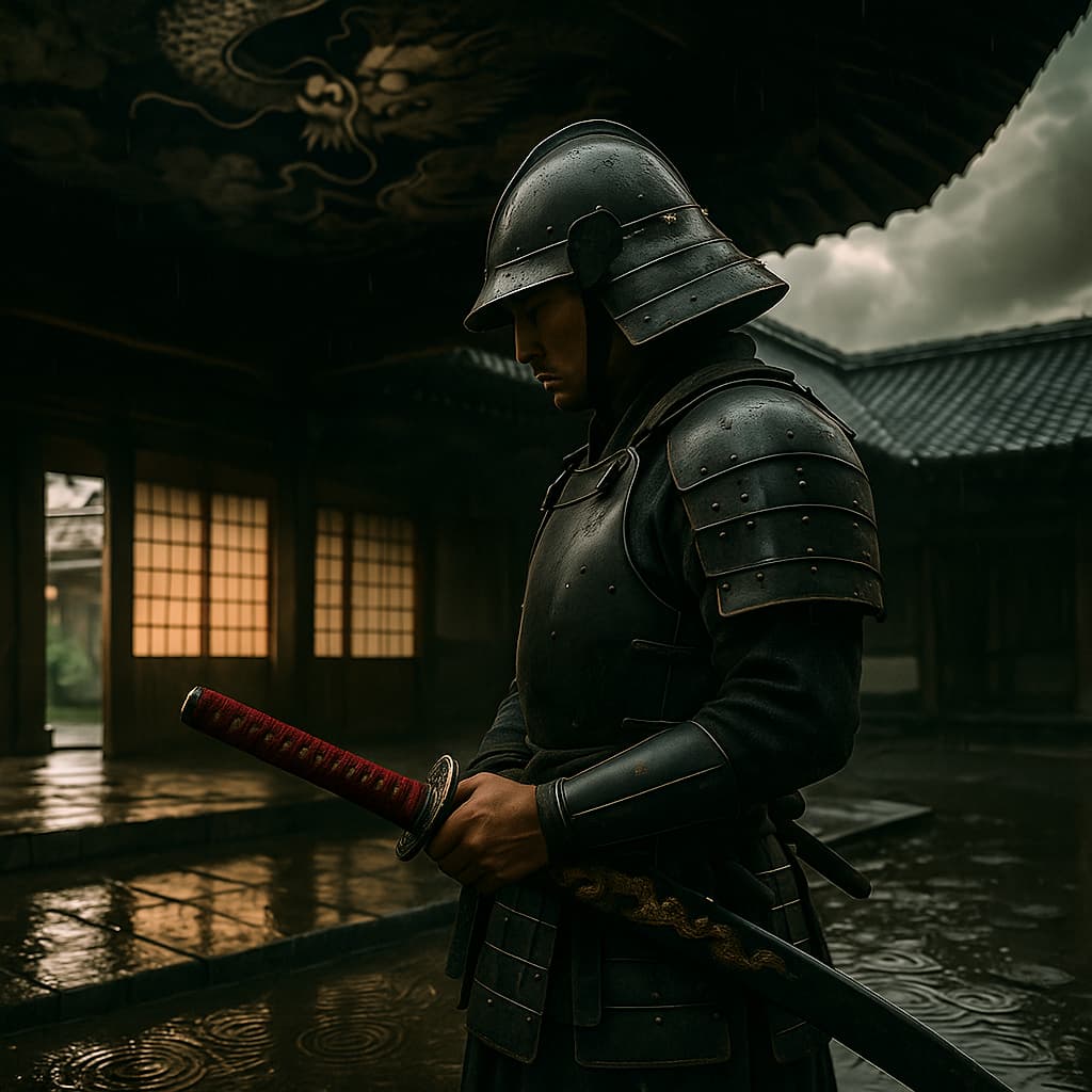 Cuando el dragón invocó la lluvia sobre la espada del samurái. Las ilustraciones de esta sección están creadas mediante inteligencia artificial, bajo la dirección de nuestro equipo editorial. Esta tecnología nos permite dar vida a escenas históricas o legendarias, respetando nuestra pasión por la autenticidad y la imaginación. #Terressens, donde las historias toman forma