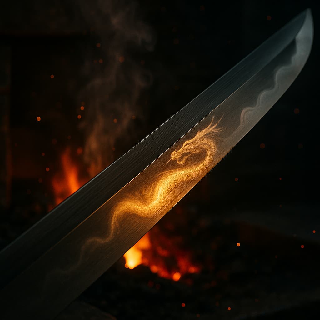 Cuando el hamon reveló un dragón dormido. Las ilustraciones de esta sección están creadas mediante inteligencia artificial, bajo la dirección de nuestro equipo editorial. Esta tecnología nos permite dar vida a escenas históricas o legendarias, respetando nuestra pasión por la autenticidad y la imaginación. #Terressens, donde las historias toman forma