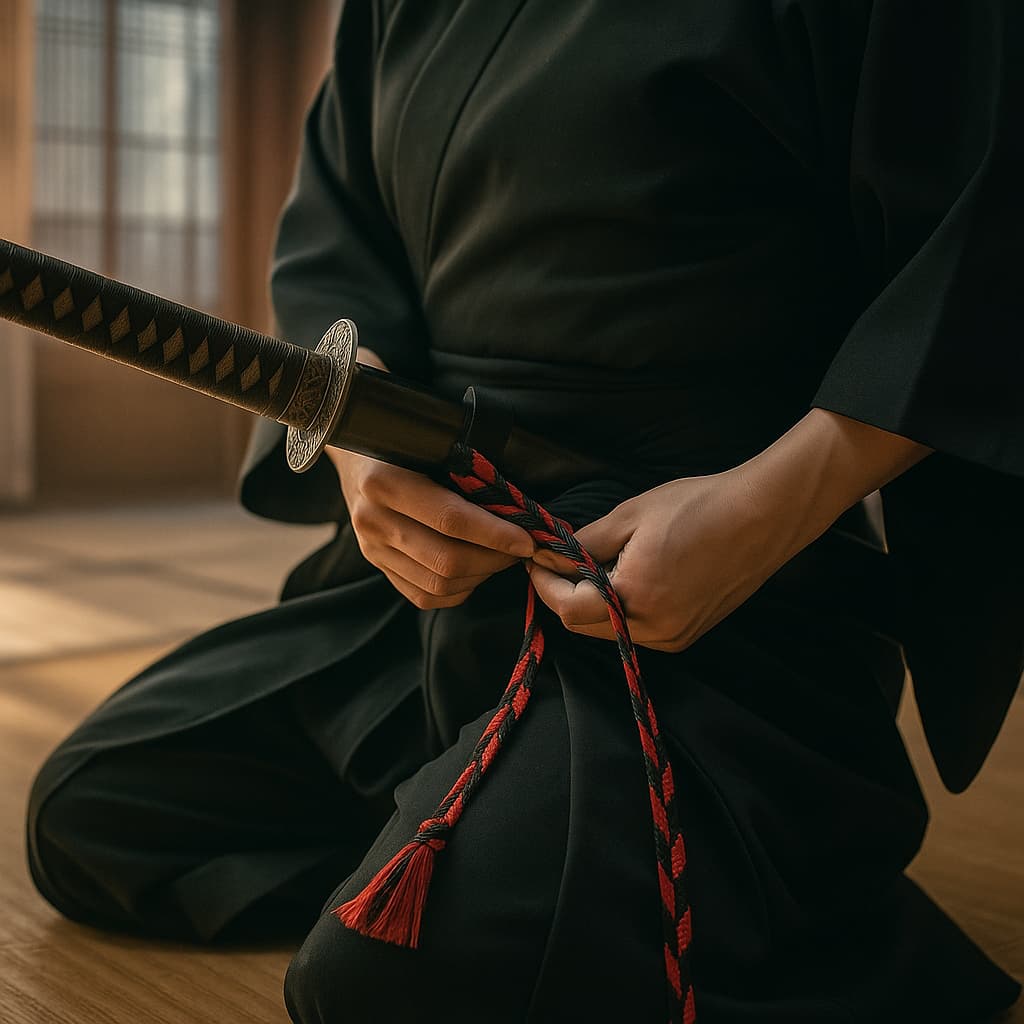Sageo, la pequeña cuerda que marca la diferencia en el iaido. Las ilustraciones de esta sección se han creado mediante inteligencia artificial, bajo la dirección de nuestro equipo editorial. Esta tecnología nos permite dar vida a escenas históricas o legendarias, respetando nuestra pasión por la autenticidad y la imaginación. #Terressens, donde las historias toman forma