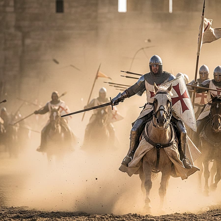 Templarios, lanza y espada, el arte del combate en el siglo XIII. Las ilustraciones de esta sección han sido creadas mediante inteligencia artificial, bajo la dirección de nuestro equipo editorial. Esta tecnología nos permite dar vida a escenas históricas o legendarias, respetando nuestra pasión por la autenticidad y la imaginación. #Terressens, donde las historias cobran vida.