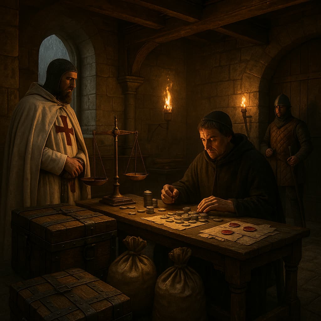 Los templarios, tesoreros del Rey... no los banqueros de Occidente. Las ilustraciones de esta sección están creadas mediante inteligencia artificial, bajo la dirección de nuestro equipo editorial. Esta tecnología nos permite dar vida a escenas históricas o legendarias, respetando nuestra pasión por la autenticidad y la imaginación. #Terressens, donde las historias toman forma