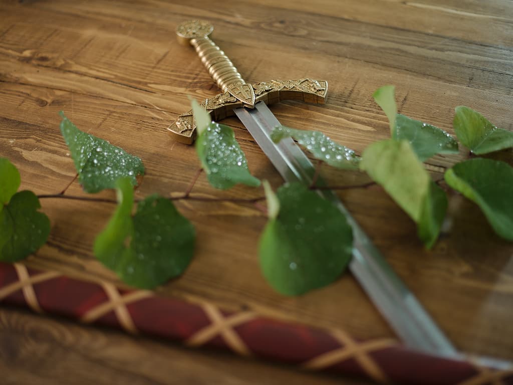 Espada templaria decorativa con vaina roja trenzada, colocada sobre una mesa de madera decorada con vegetación y gotas de rocío. Espada templaria decorativa con vaina roja trenzada, colocada sobre una mesa de madera decorada con vegetación y gotas de rocío.