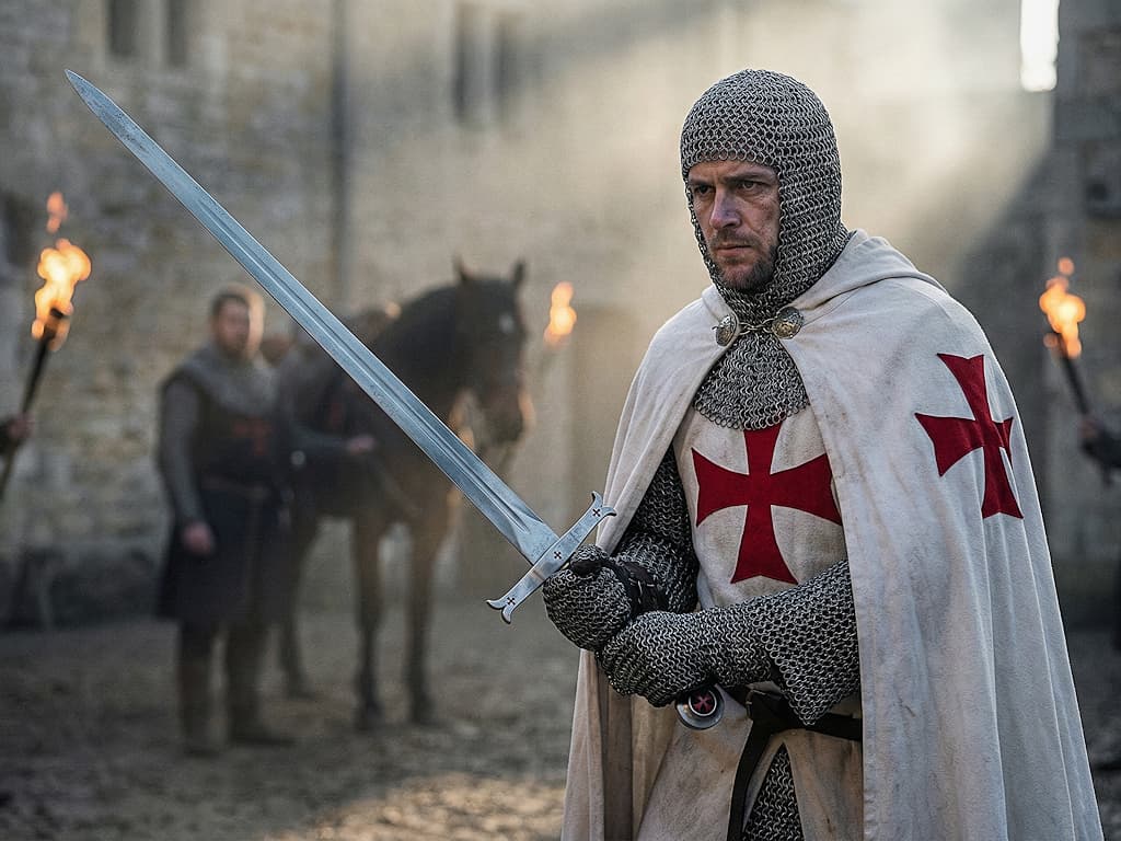 Espada templaria decorativa sobre una roca con fondo de musgo Espada templaria empuñada por un caballero templario.