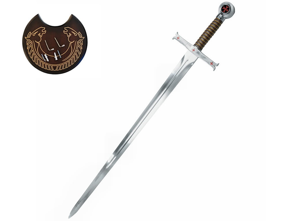 Espada templaria decorativa con soporte mural de madera reconstituida serigrafiada Espada templaria decorativa con soporte mural de madera reconstituida serigrafiada