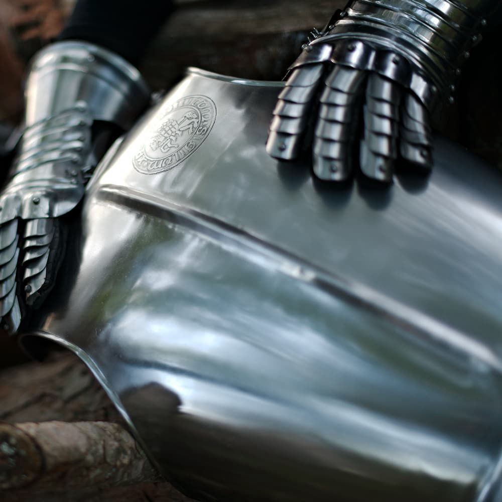 Coraza con sello templario y guanteletes de caballero medieval