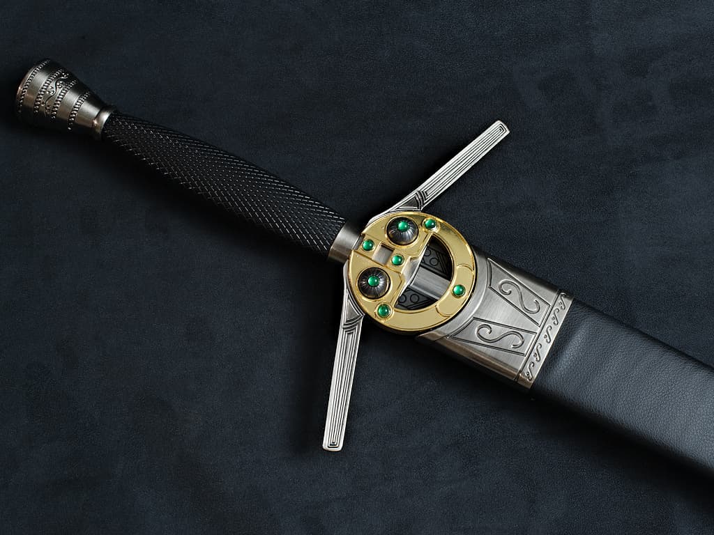 Espada de caballero medieval cruzada engastada sobre piedras naturales verticales Espada del hechicero #Terressens