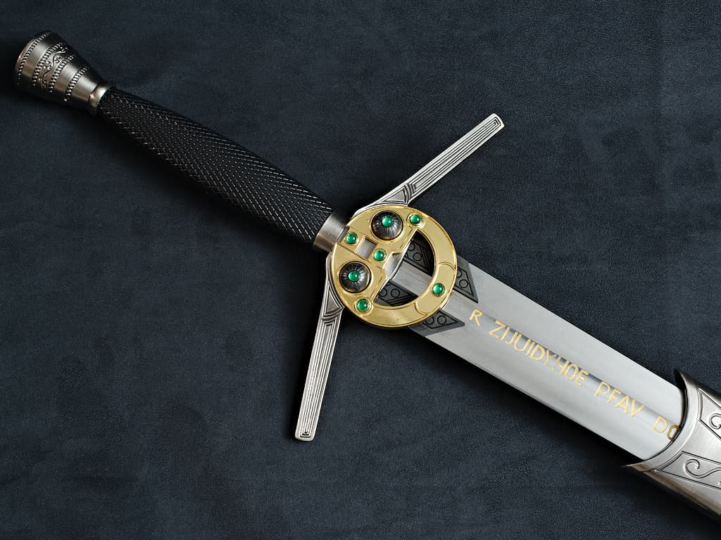 Espada de caballero medieval cruzada sobre una piel natural, una mesa y una cota de malla medieval Espada del hechicero #Terressens