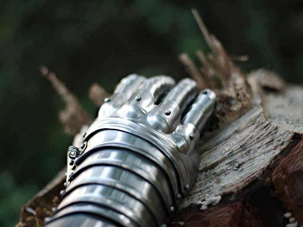 Gantelet médiéval articulé posé sur un tronc d'arbre dans une forêt Gantelet médiéval articulé posé sur un tronc d'arbre dans une forêt