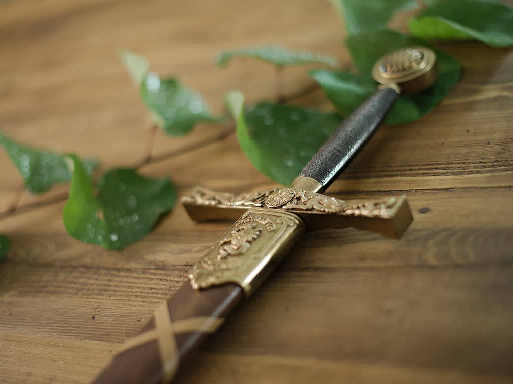 Excalibur protégée par son fourreau tressé, posée sur une table médiévale décorée de végétation et quelques gouttes de rosée Excalibur protégée par son fourreau tressé, posée sur une table médiévale décorée de végétation et quelques gouttes de rosée