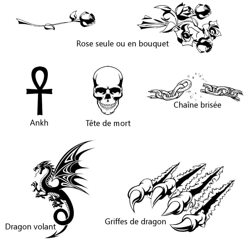 Exemples de graphismes à graver sur une lame d'une épée ou d'une dague : rose seule ou en bouquet, Ankh (clé de vie), tête de mort, chaîne brisée, dragon volant et griffes de dragon #Terressens Exemples de graphismes à graver sur une lame d'une épée ou d'une dague : rose seule ou en bouquet, Ankh (clé de vie), tête de mort, chaîne brisée, dragon volant et griffes de dragon #Terressens