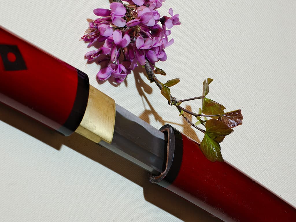 Kaji, shirasaya feu (火事), forge damassée : lame et monture posées sur un tissu blanc avec une branche fleurie Kaji, shirasaya feu (火事), forge damassée : lame et monture posées sur un tissu blanc avec une branche fleurie