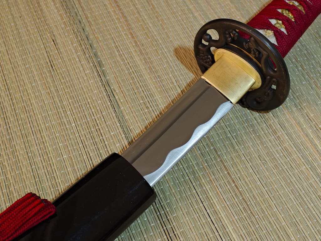 Wakizashi aiguisé Ake (朱, rouge sang), ito et sageo rouge sombre #Terressens Wakizashi aiguisé Ake (朱, rouge sang), ito et sageo rouge sombre #Terressens