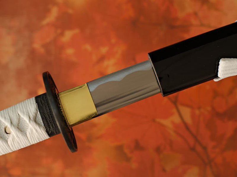 Mù-jīn, wakizashi aiguisé bois (mù, 木) métal (jīn, 金) : détail de la lame sortant de son fourreau (saya), posé sur un bambou naturel Ikigaï, katana aiguisé (生き甲斐 raison d'être, sens de la vie) #Terressens