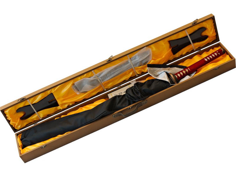Katana aiguisé « Fugen jikkō » (不言実行 « parler peu, mais agir »), lame gravée, monture rouge #Terressens Katana aiguisé « Fugen jikkō » (不言実行 « parler peu, mais agir »), lame gravée, monture rouge #Terressens