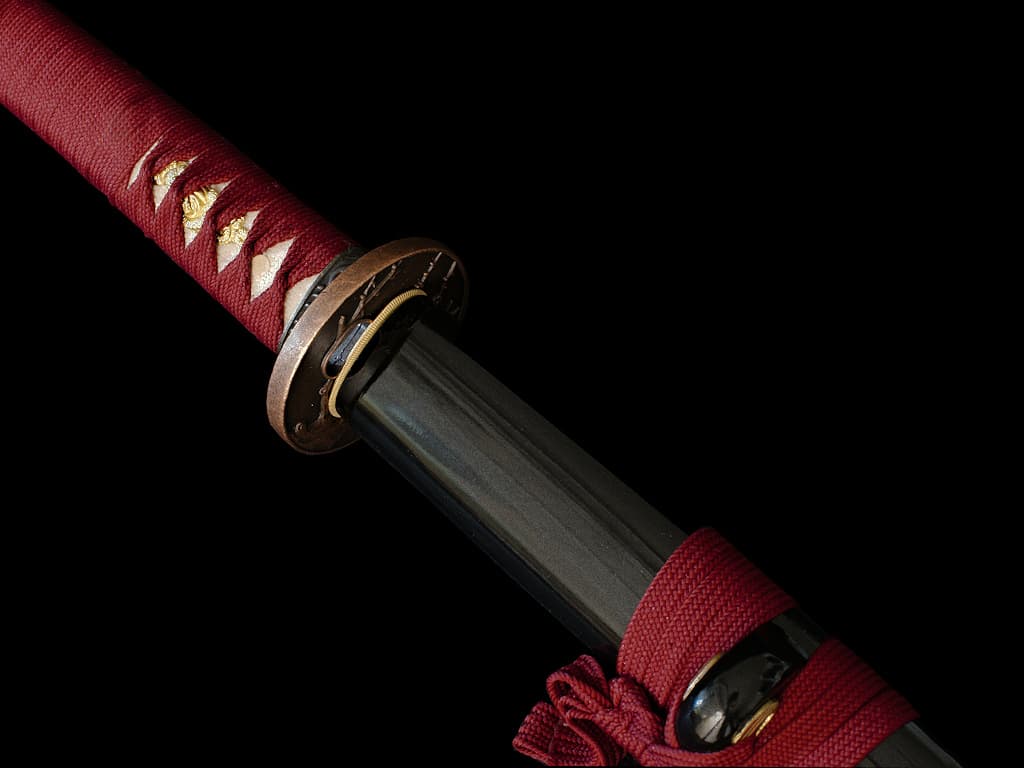 Katana aiguisé « Fugen jikkō » (不言実行 « parler peu, mais agir »), lame gravée, monture rouge #Terressens Katana aiguisé « Fugen jikkō » (不言実行 « parler peu, mais agir »), lame gravée, monture rouge #Terressens