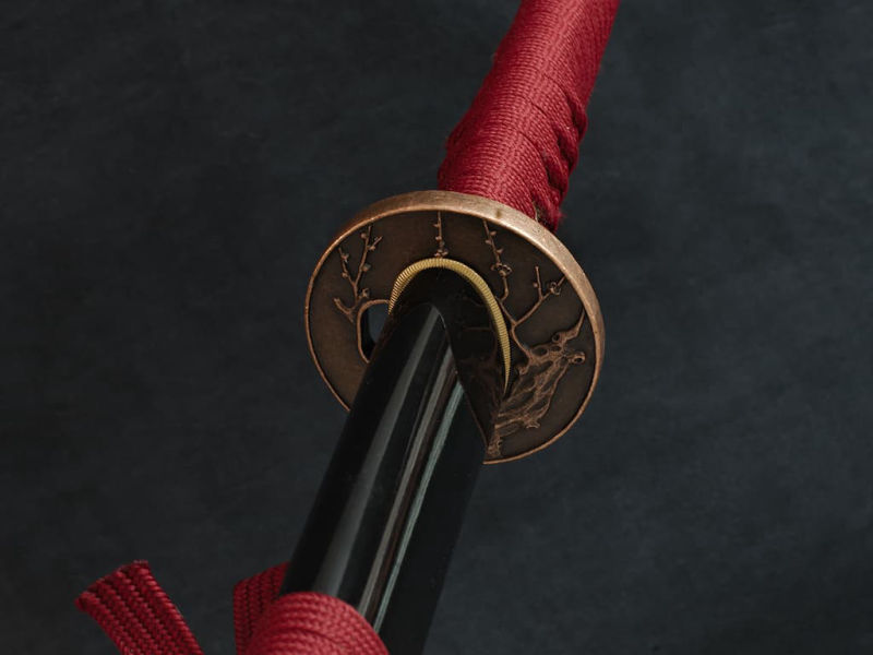 Katana aiguisé « Fugen jikkō » (不言実行 « parler peu, mais agir »), lame gravée, monture rouge #Terressens Katana aiguisé « Fugen jikkō » (不言実行 « parler peu, mais agir »), lame gravée, monture rouge #Terressens