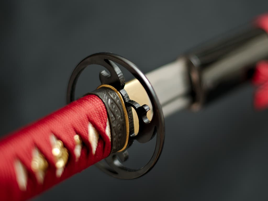 Wakizashi aiguisé forge Damas « Ketsueki » (血液, sang), tressages rouges #Terressens Wakizashi aiguisé forge Damas « Ketsueki » (血液, sang), tressages rouges #Terressens