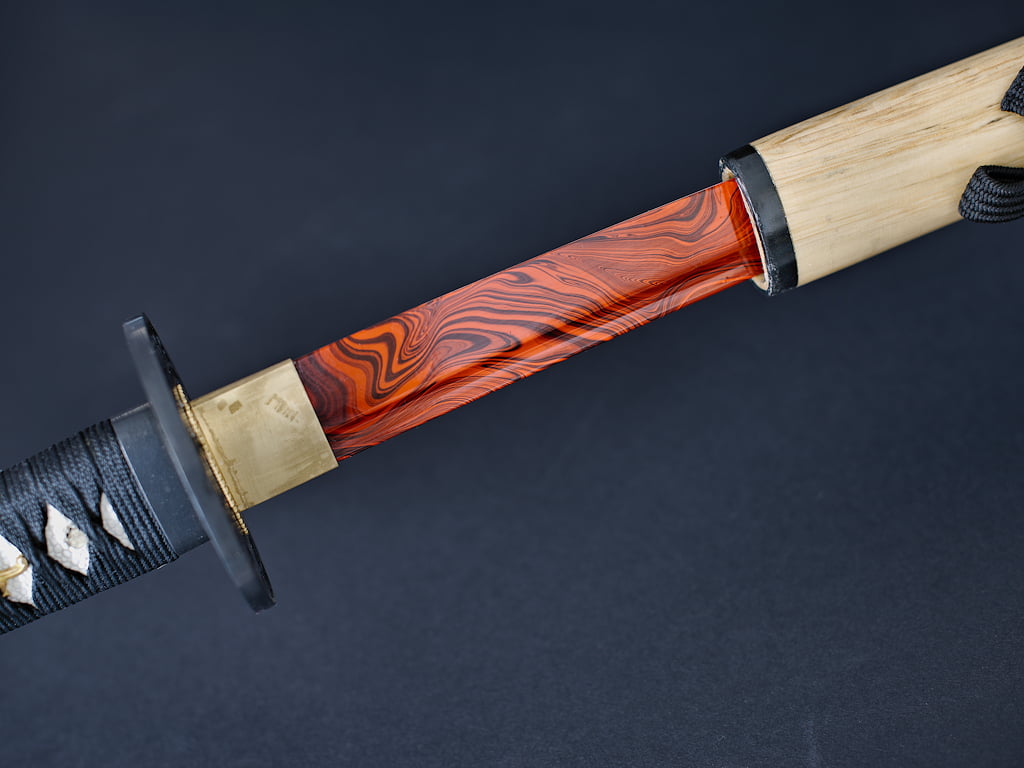 Katana aiguisé « Yougan » (溶岩 lave), lame en acier 1045 rouge et noir #Terressens Katana aiguisé « Yougan » (溶岩 lave), lame en acier 1045 rouge et noir #Terressens