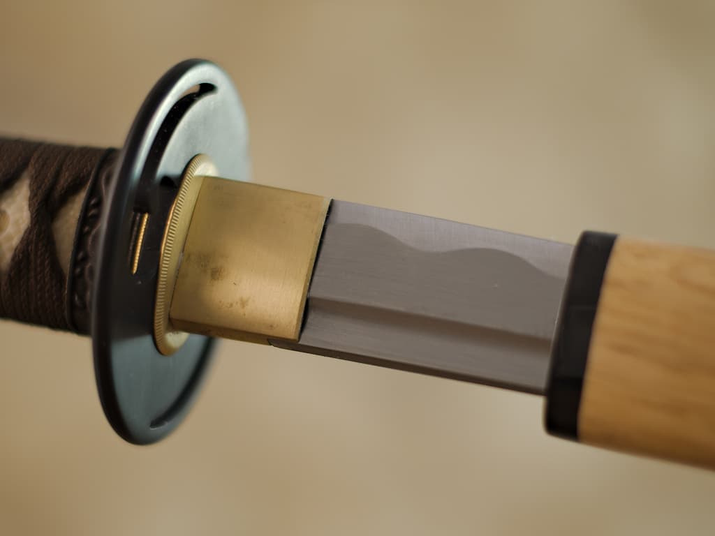 Mù-jīn, wakizashi afilado madera (mù, 木) metal (jīn, 金): detalle de la hoja saliendo de su vaina (saya).