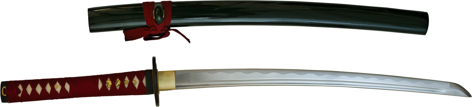 Afilado wakizashi Ake (朱, rojo sangre), ito y sageo rojo oscuro #Terressens