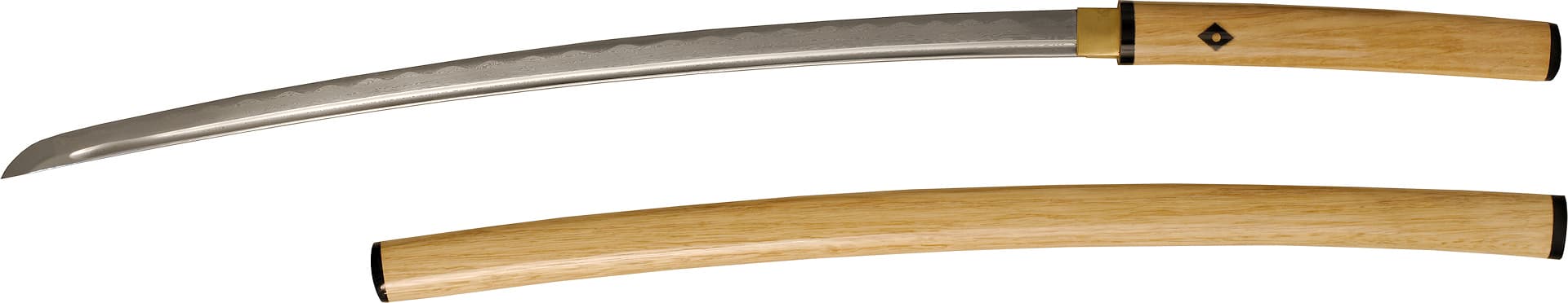 Kaji, shirasaya de fuego (火事), forja damasquinada. Nami, shirasaya Damasco afilado (波 onda), marco de madera natural #Terressens