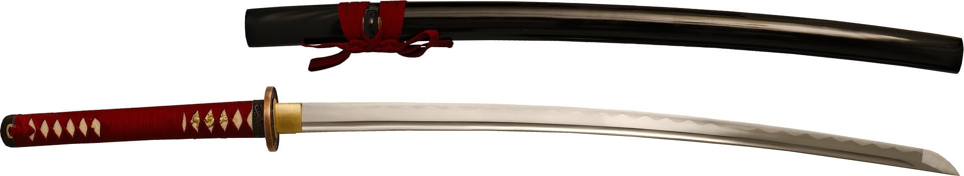Katana afilada "Fugen jikkō" (不言実行 "habla poco, pero actúa"), hoja grabada, montura roja #Terressens