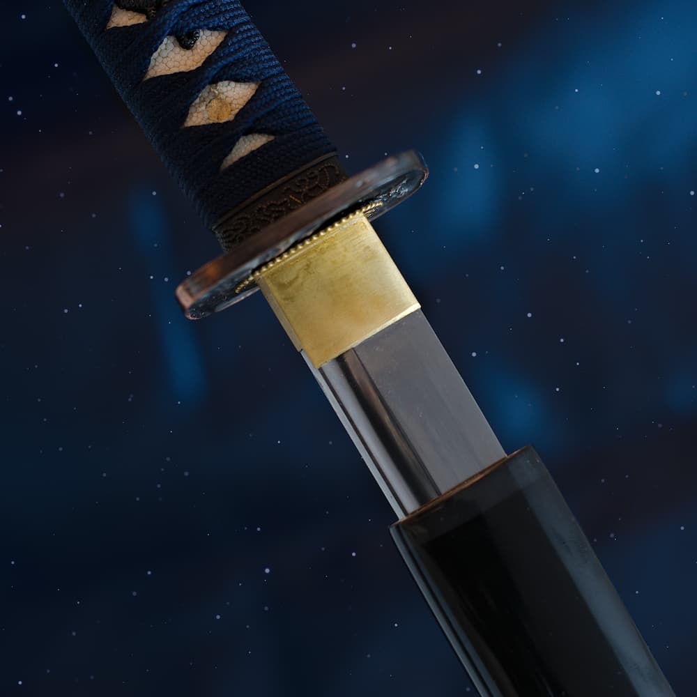 Katana "Yain" (夜陰 a la sombra de la noche), Sushu Kitae, templado selectivo, ito y sageo azul oscuro #Terressens