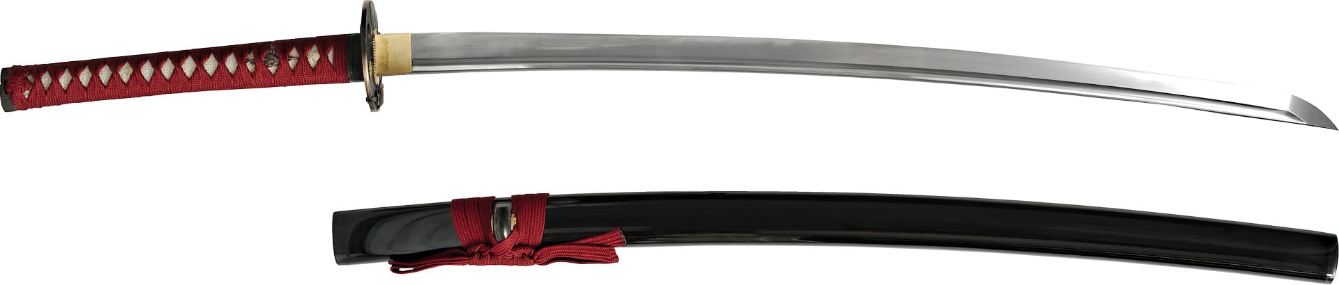 Katana "Musha shugyō" (武者修行), forja Shihozume, templado selectivo, ito y sageo rojo oscuro #Terressens Katana "Musha shugyō" (武者修行), forja Shihozume, templado selectivo, ito y sageo rojo oscuro #Terressens