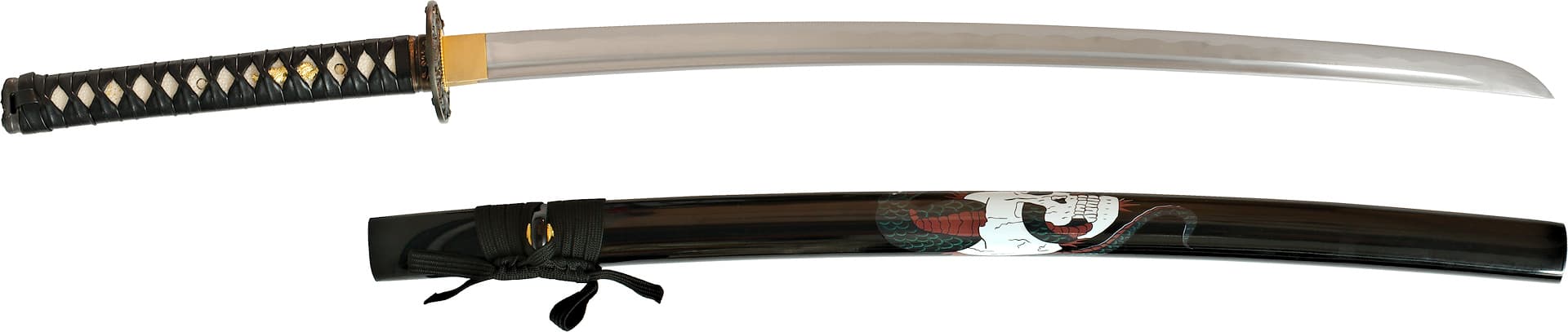 Katana afilada "Sombra del Caos", engastada con cráneos de serpiente, humano y demonio #Terressens