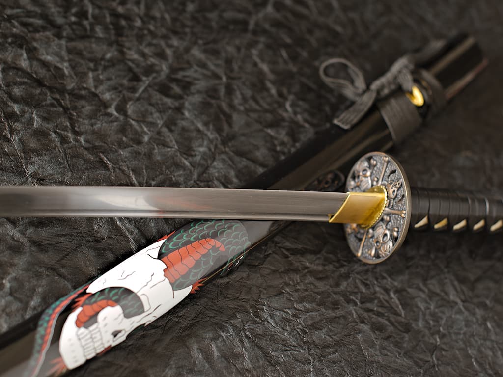 Katana afilada "Sombra del Caos", engastada con cráneos de serpiente, humano y demonio #Terressens Katana afilada "Sombra del Caos", engastada con cráneos de serpiente, humano y demonio #Terressens