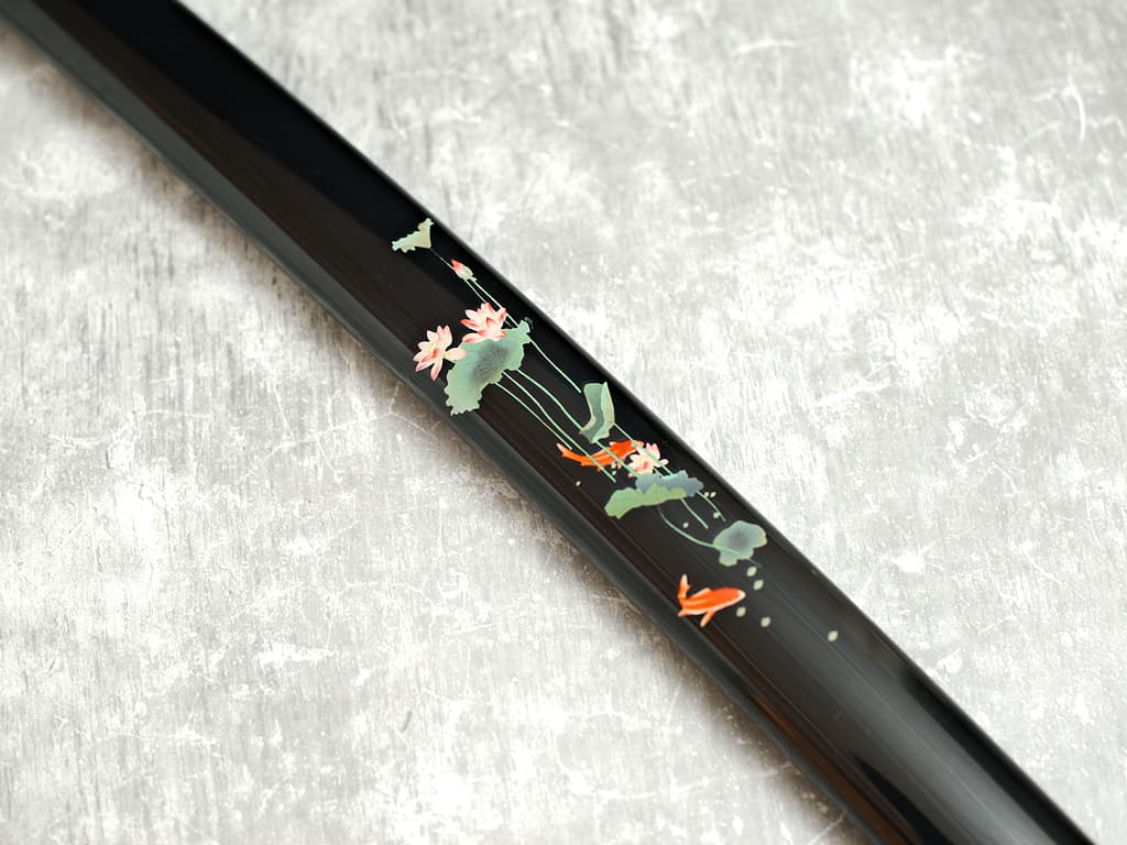 Hasunohana" katana afilada (蓮の花 loto sagrado), serigrafía sobre saya, cuerdas verde claro #Terressens
