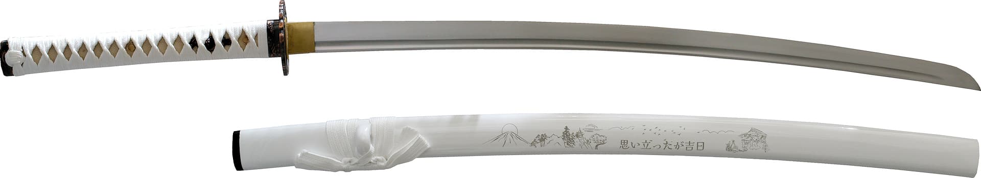 Katana afilada "Ketsui" (決意 resolución, decisión), saya blanca decorada con un motivo japonés, trenzado blanco 復活 #Terressens