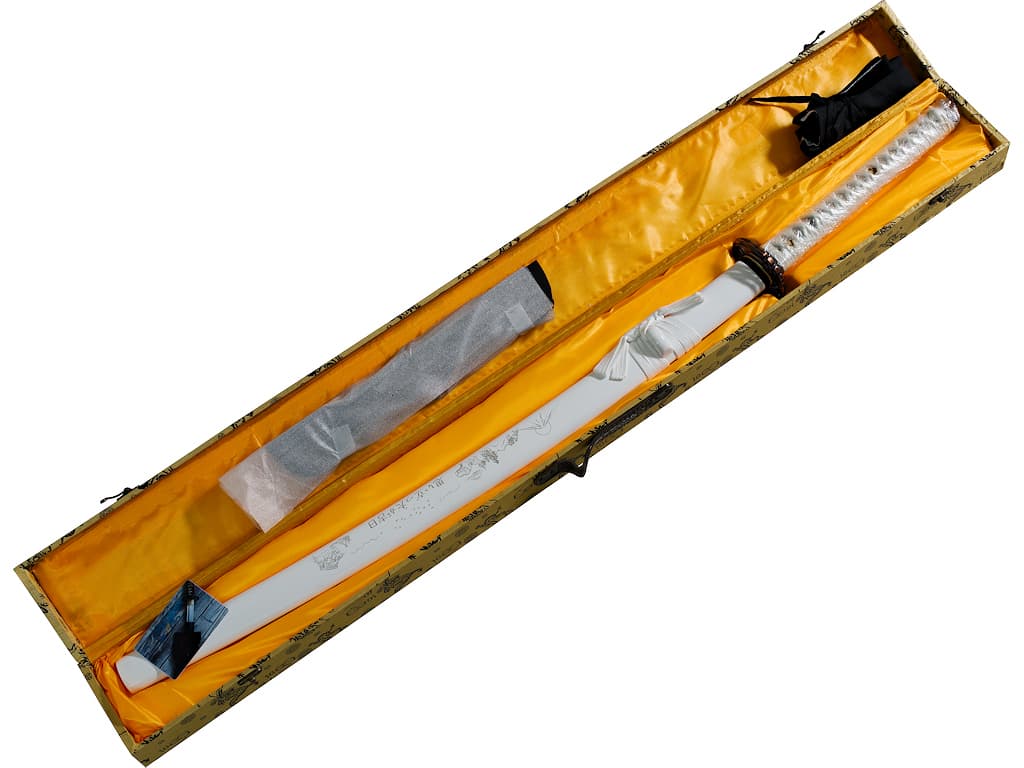 Katana afilada "Ketsui" (決意 resolución, decisión), saya blanca decorada con un motivo japonés, trenzado blanco #Terressens